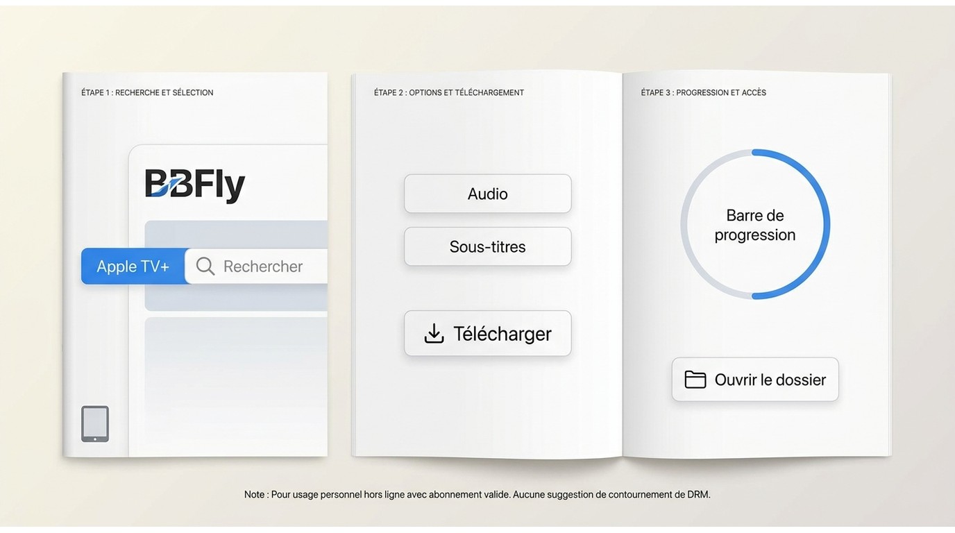 Étapes BBFly pour sélectionner Apple TV+, télécharger et ouvrir le fichier local.