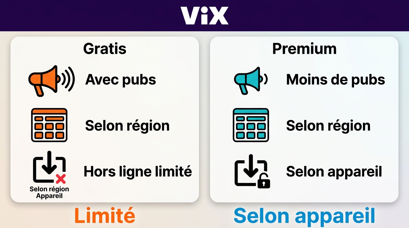 Comparaison entre ViX Gratis et ViX Premium pour les publicités et le hors connexion.