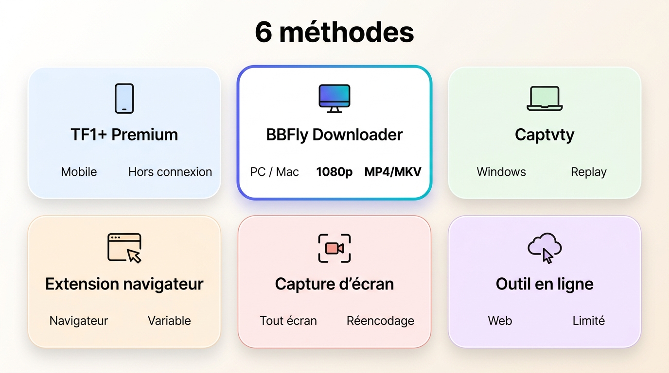 Comparaison des six méthodes TF1+ selon appareils, fichiers et limites.
