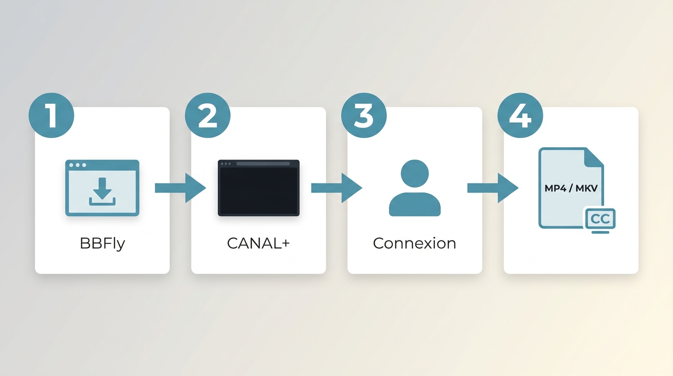 Étapes BBFly pour sélectionner CANAL+, choisir MP4 ou MKV et enregistrer
