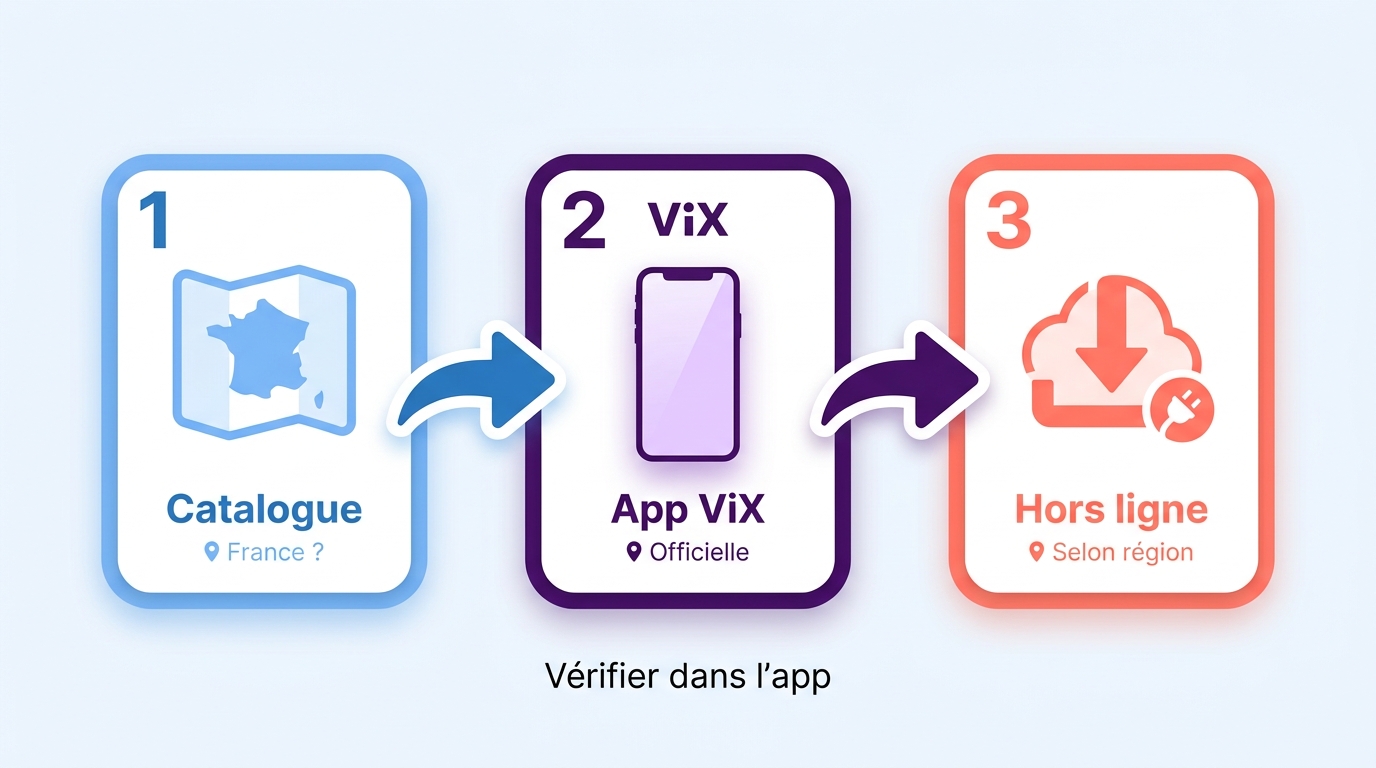 Les trois vérifications ViX en France : catalogue, application officielle et hors connexion.