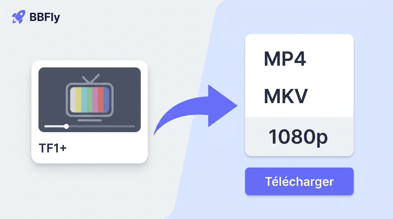 Étapes BBFly Downloader pour télécharger un programme TF1+ en MP4 ou MKV.