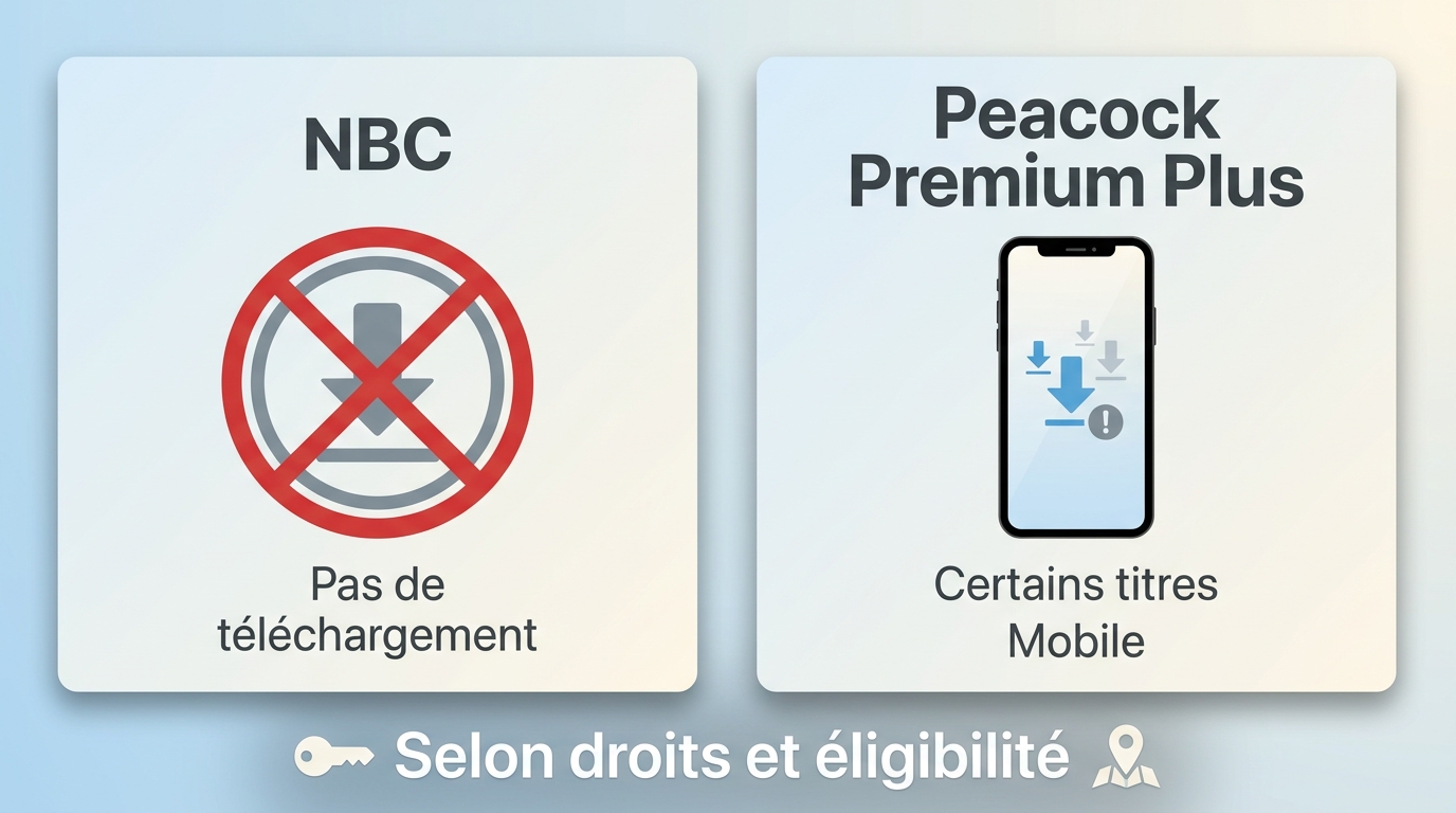 Comparaison entre NBC sans téléchargement standard et Peacock Premium Plus sur mobile.