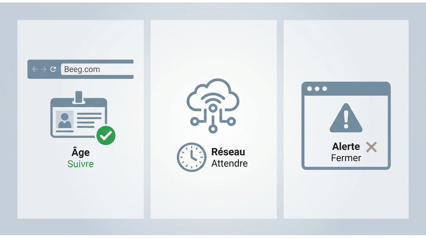 Réponses à un contrôle d’âge, une panne réseau ou une alerte Chrome sur Beeg.com.