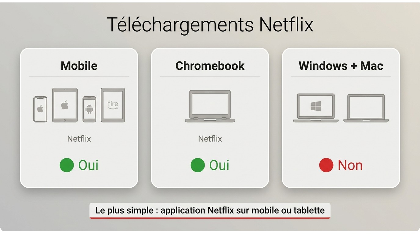 Compatibilité Netflix hors connexion sur mobile, tablette, Chromebook, Windows et MacBook.