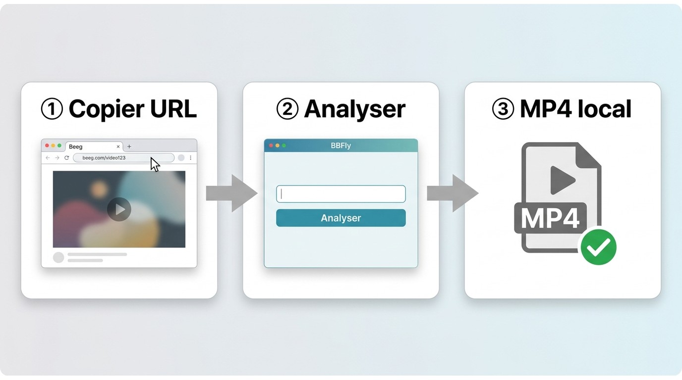 Étapes pour copier une URL Beeg, l’analyser dans BBFly et enregistrer un fichier MP4.