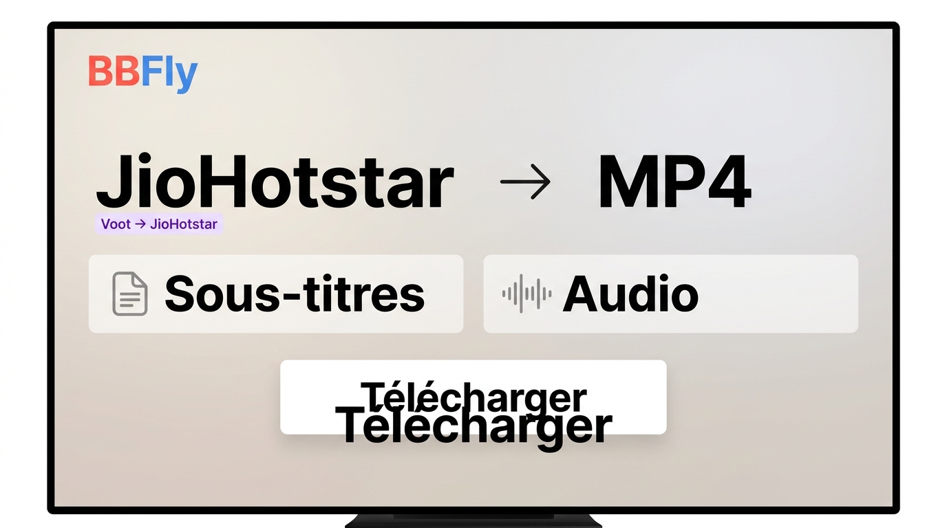 Interface BBFly avec JioHotstar, choix MP4, sous-titres, piste audio et téléchargement.