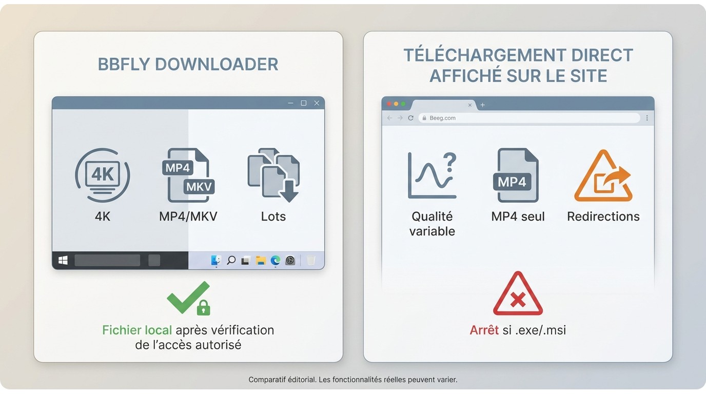 Comparaison entre BBFly Downloader et téléchargement direct sur Beeg.com : formats, 4K et risques de