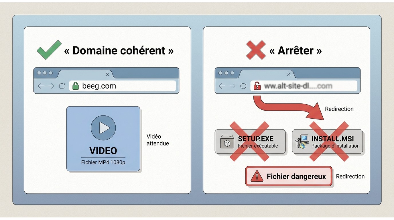 Signes d’un faux téléchargement Beeg.com : redirection et fichier .exe au lieu d’une vidéo.