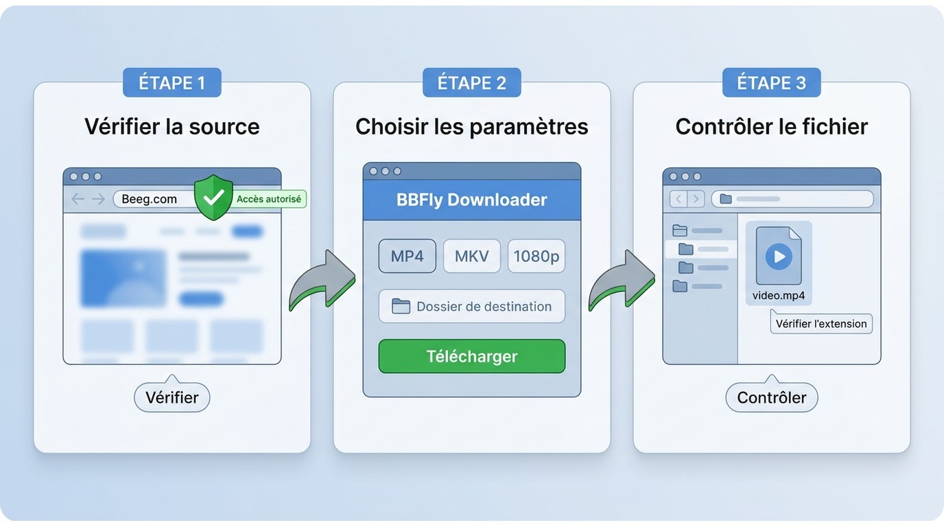 Étapes BBFly Downloader pour vérifier la source, choisir MP4 ou MKV et contrôler le fichier Beeg.