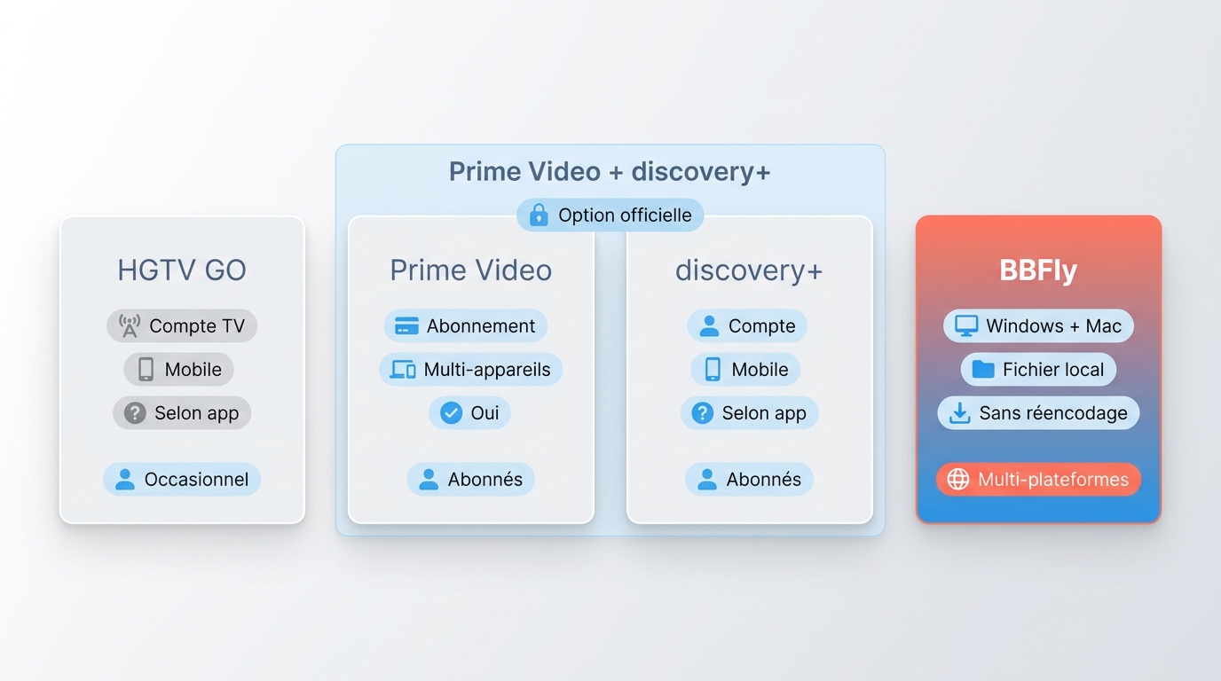 Comparaison de HGTV GO, Prime Video, Discovery+ et BBFly hors connexion