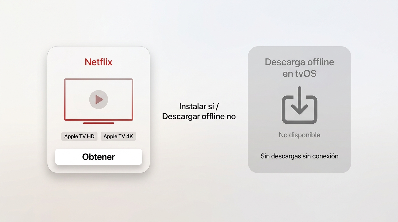 App Store de Apple TV con Netflix y aviso de que tvOS no descarga episodios