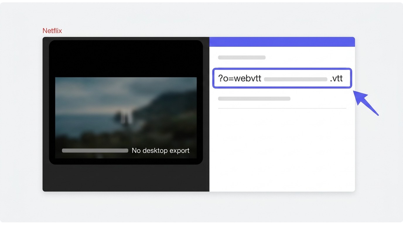Netflix playback with Chrome DevTools highlighting a WebVTT subtitle request.