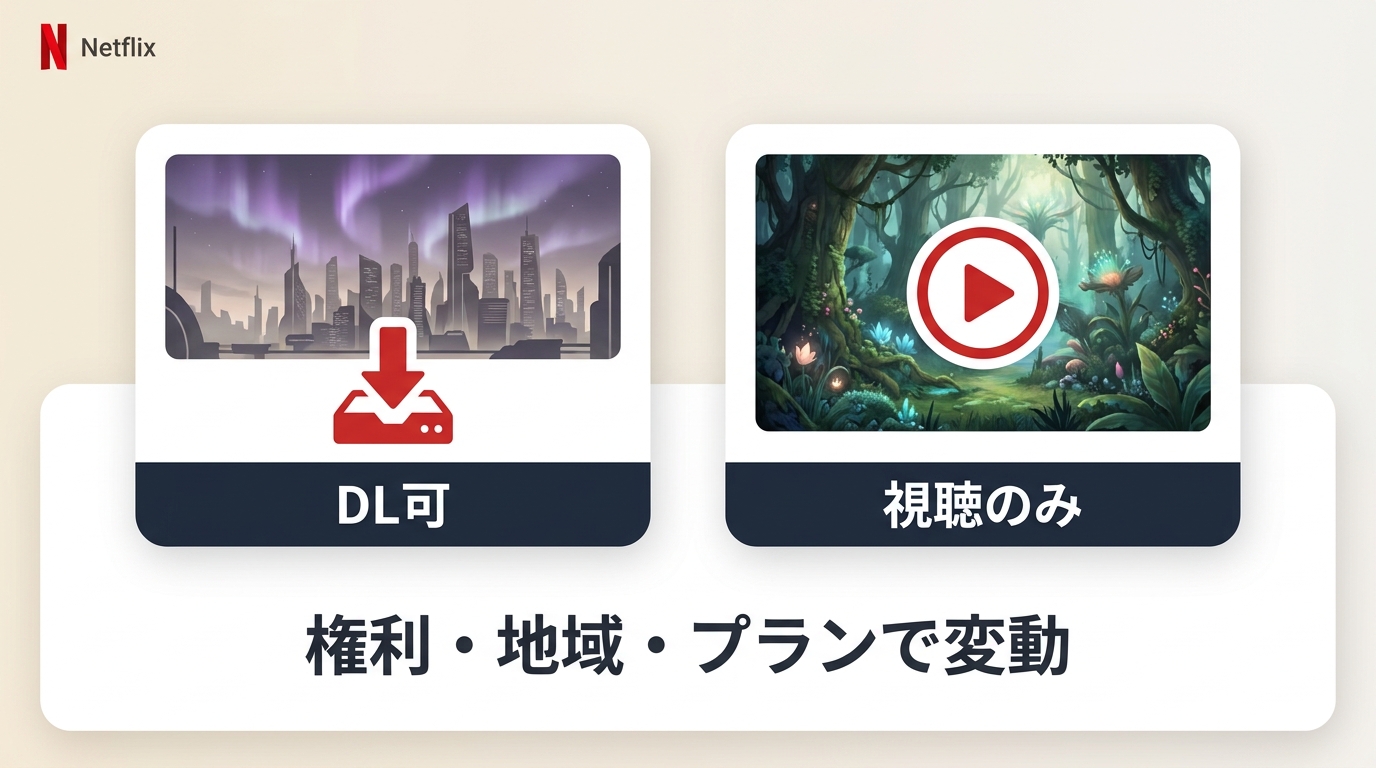 Netflix作品詳細でダウンロード可能な作品とストリーミング専用作品を見分ける例