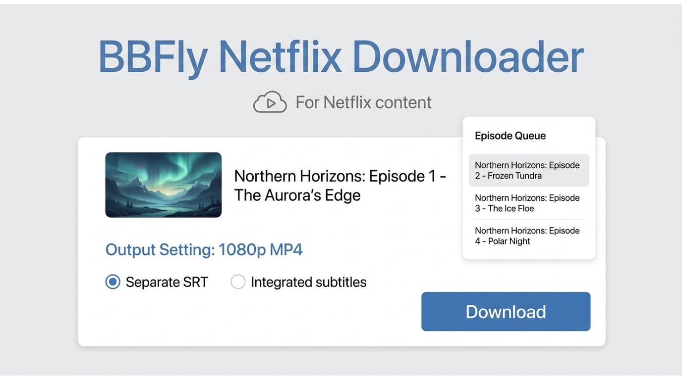 BBFly Netflix Downloader options for 1080p MP4 with separate SRT or integrated subtitles.