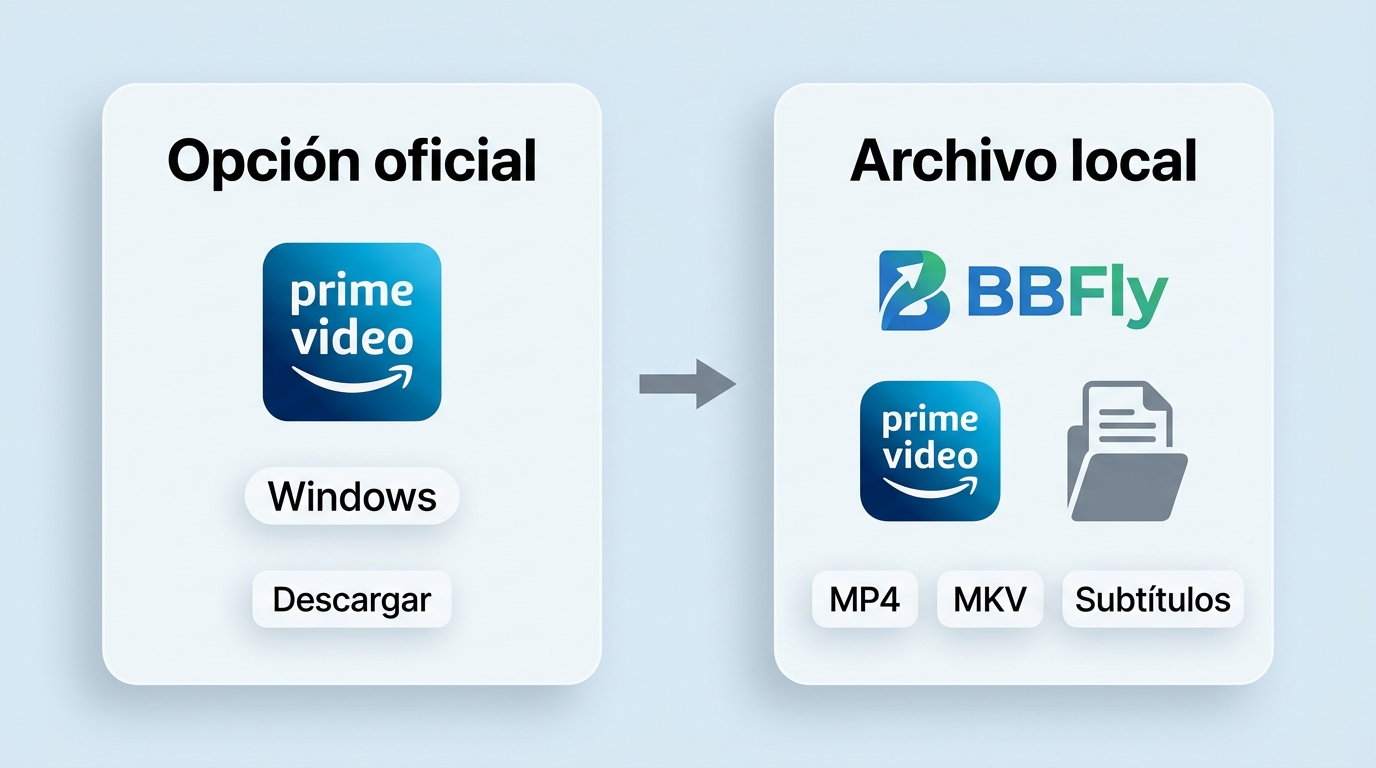 Flujo de descarga de Prime Video en la app oficial y con BBFly en MP4 o MKV