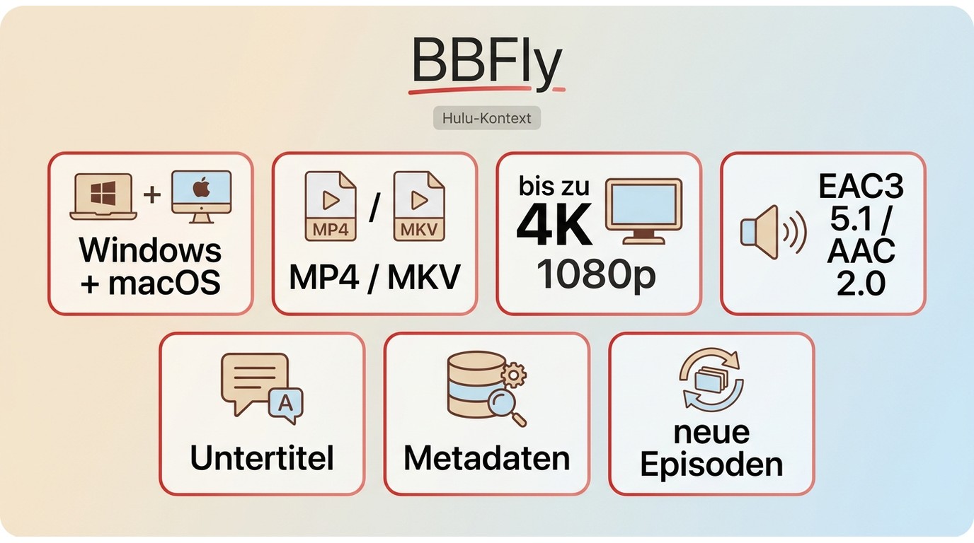 BBFly-Funktionen mit 4K, MP4 oder MKV sowie Audio- und Untertiteloptionen.