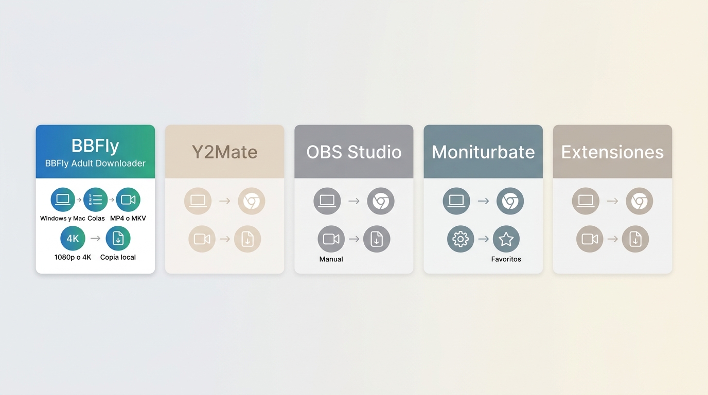Comparación de BBFly, Y2Mate, OBS Studio, Moniturbate y extensiones por uso y archivo