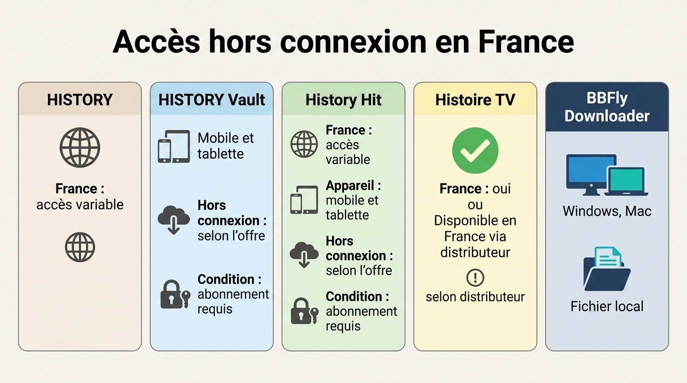 Comparaison des accès hors connexion pour HISTORY, Vault, History Hit, Histoire TV et BBFly.