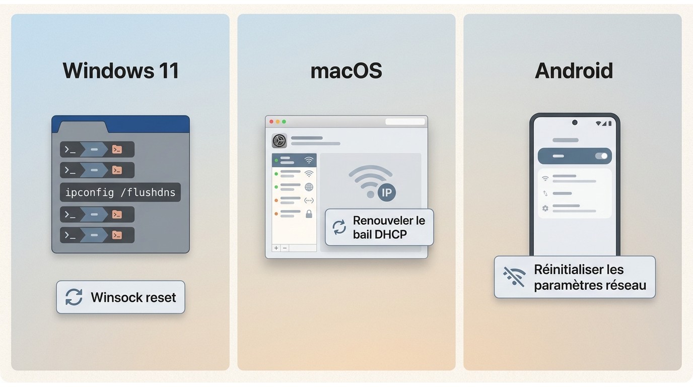 Procédures Windows 11, macOS et Android pour réinitialiser le réseau