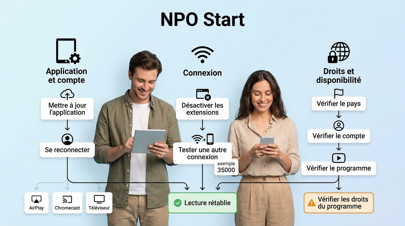 Parcours de dépannage NPO Start pour l’application, le réseau et les droits