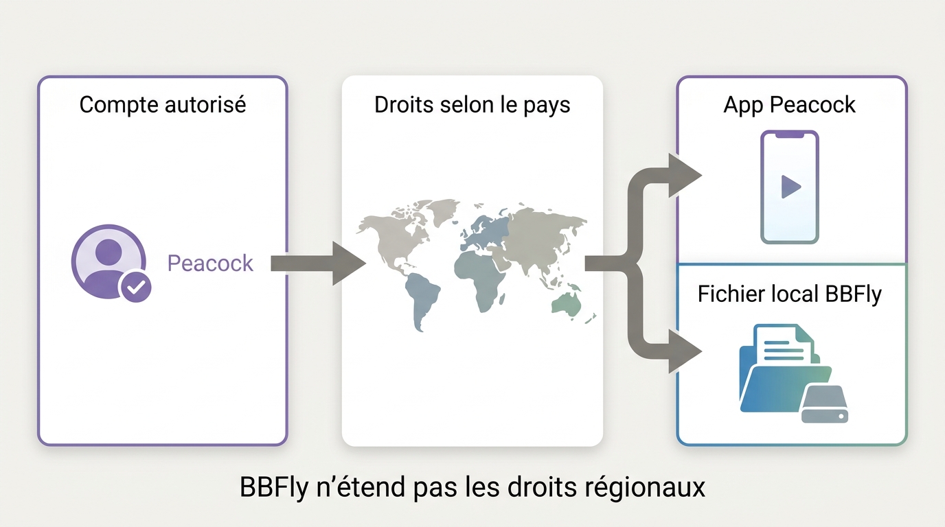 Parcours d’accès Peacock montrant les limites régionales et le rôle de BBFly