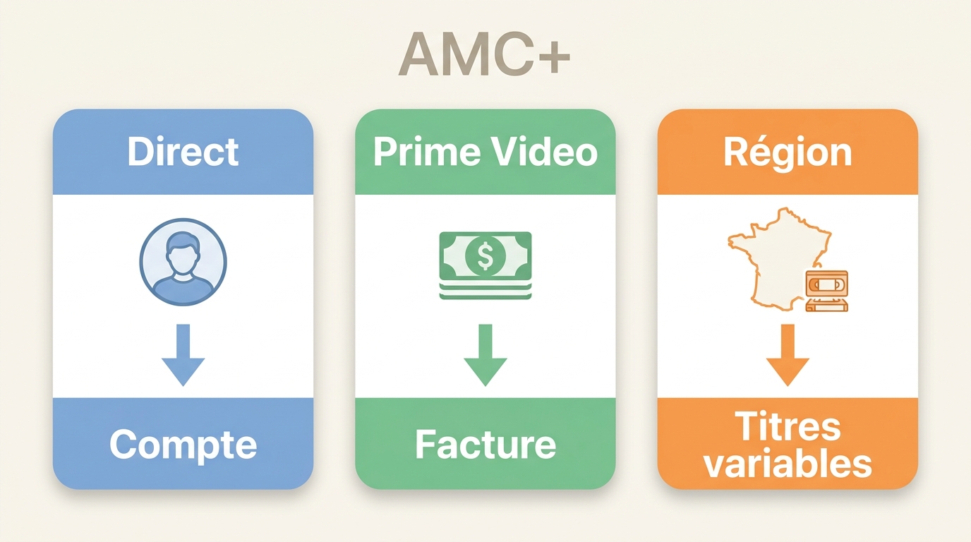 Accès AMC+ selon l’abonnement direct, Prime Video et le catalogue régional.