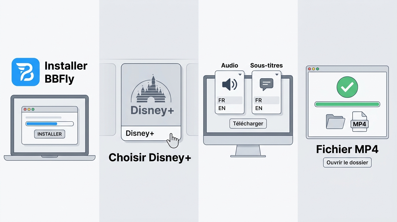 Étapes BBFly pour choisir un titre Disney+, télécharger puis vérifier le fichier MP4.