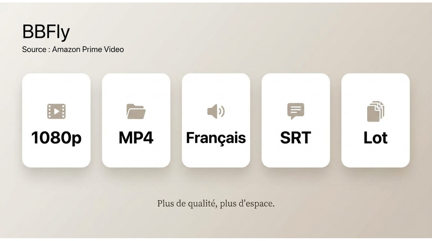 Réglages BBFly Prime Video pour 1080p, MP4, audio français et sous-titres SRT.