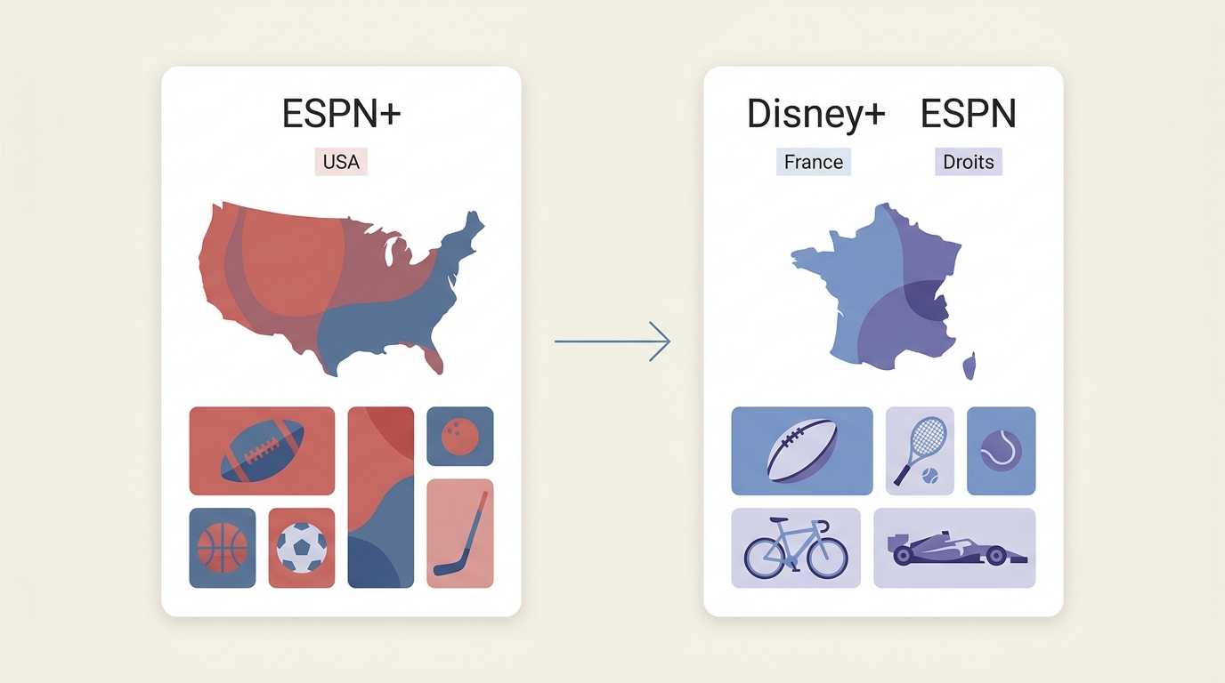 ESPN+ américain et ESPN sur Disney+ France proposent des accès et catalogues distincts.