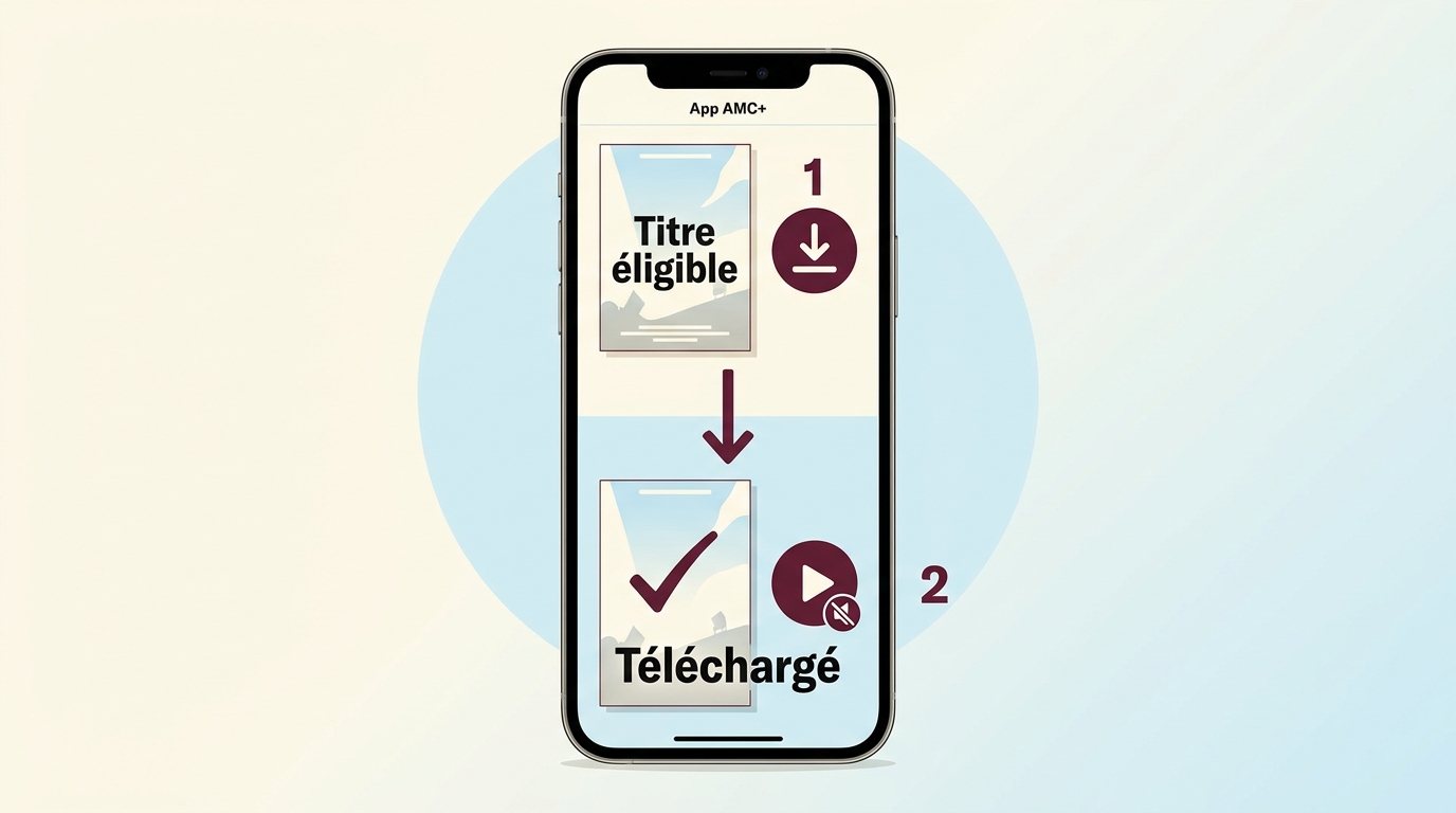 Étapes AMC+ sur mobile : choisir un titre éligible, télécharger puis lire hors connexion.