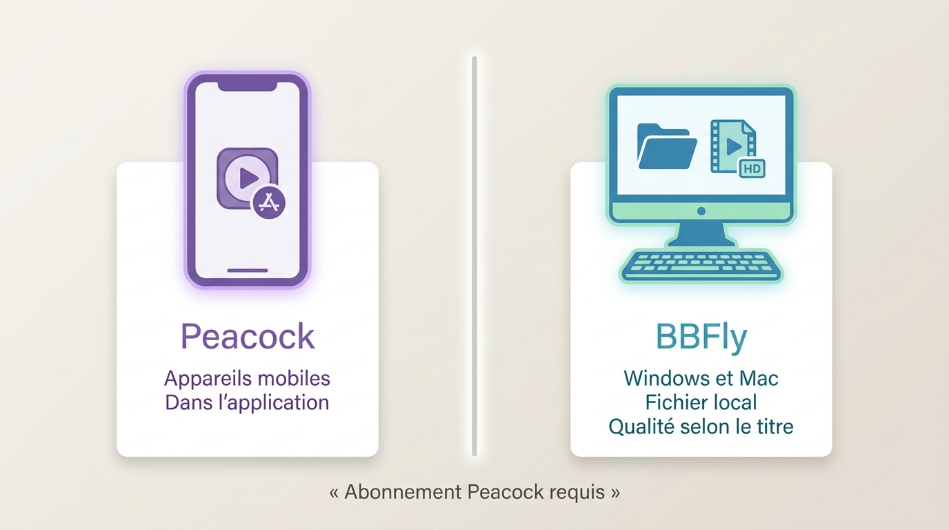 Comparaison entre téléchargement Peacock mobile et fichiers locaux BBFly