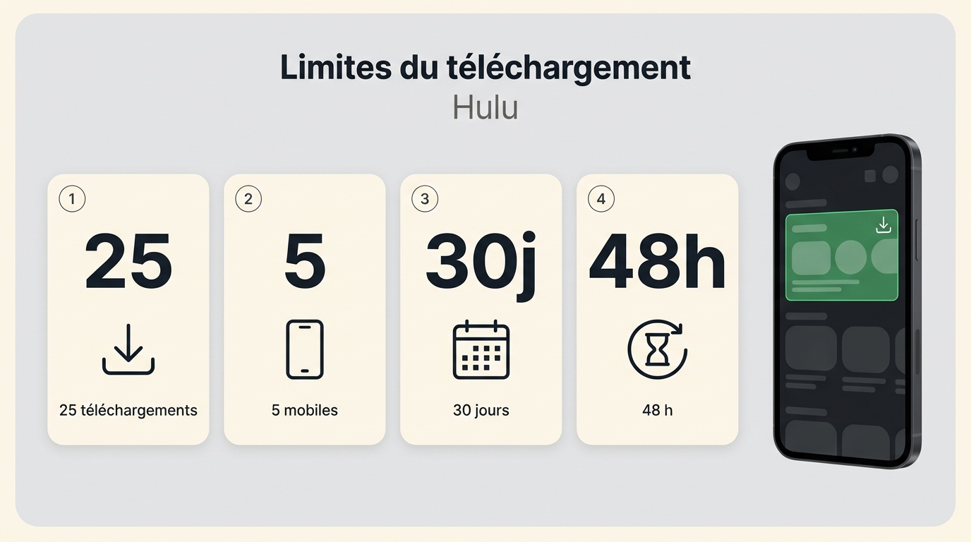 Hulu : 25 téléchargements sur 5 appareils, puis 30 jours et 48 heures