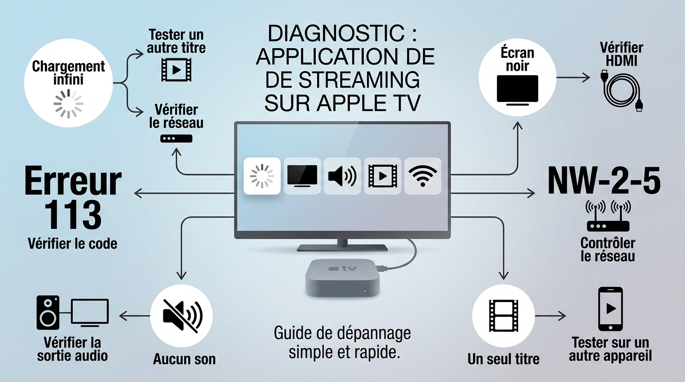 Diagnostic Netflix sur Apple TV selon le chargement, l’image, le son, le titre ou le code d’erreur.