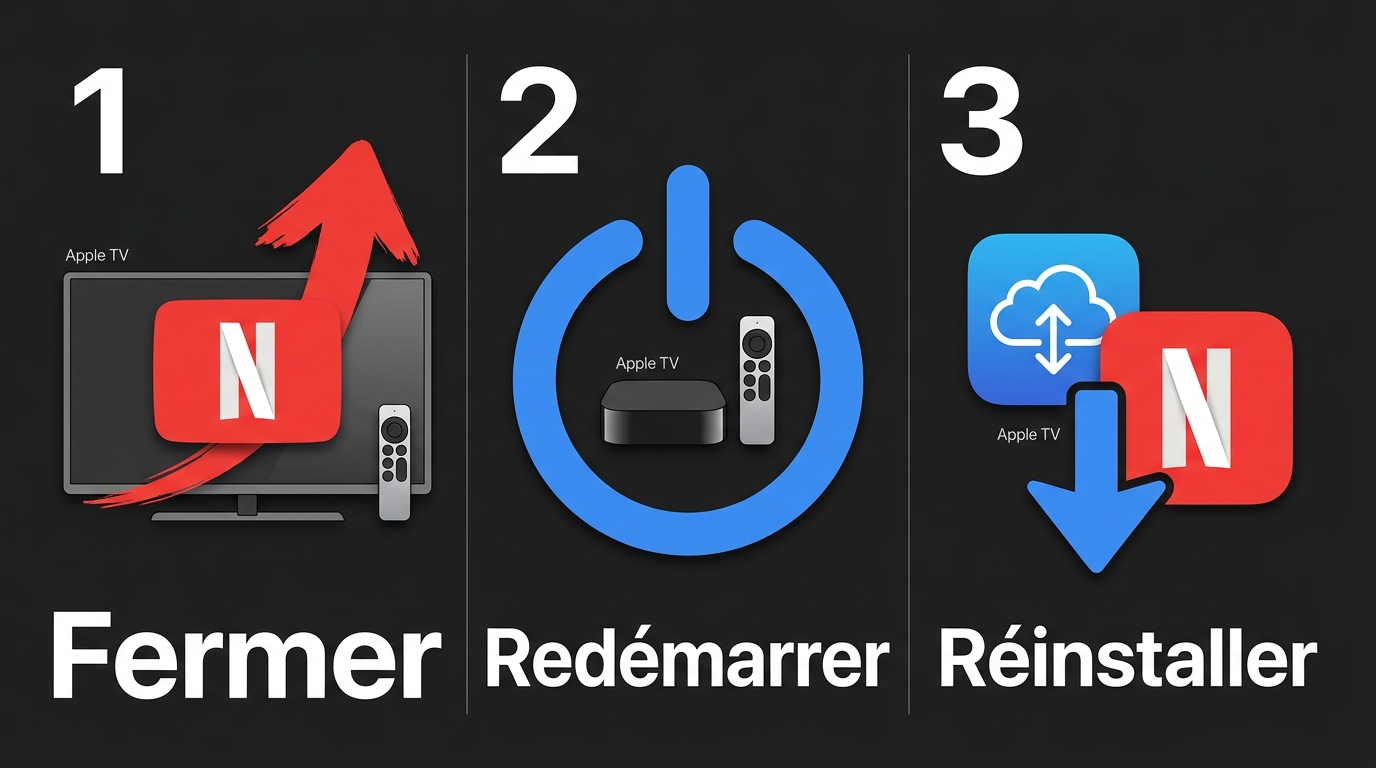 Étapes tvOS pour fermer Netflix, redémarrer l’Apple TV et réinstaller l’application.