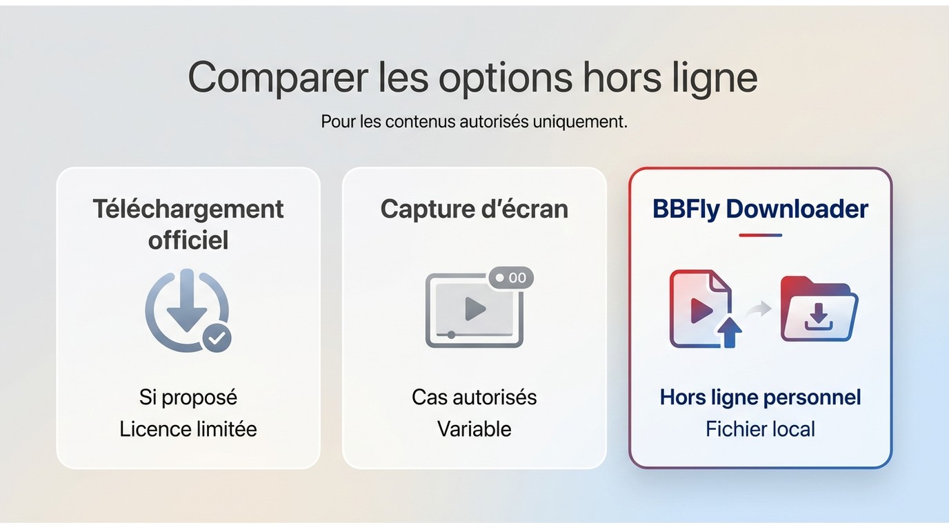 Comparaison du téléchargement officiel, de la capture d’écran et de BBFly Downloader hors ligne.