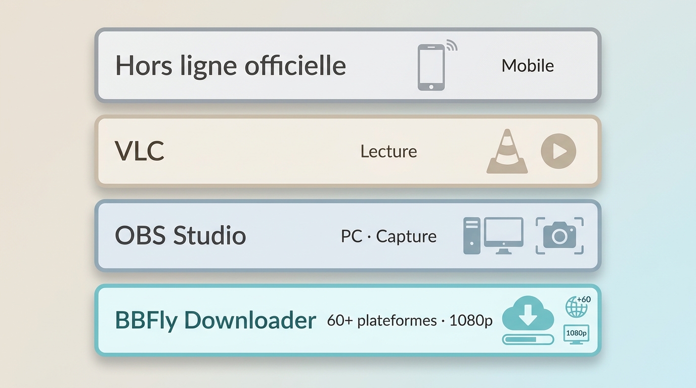 Comparaison entre fonction hors ligne, VLC, OBS Studio et BBFly Downloader.
