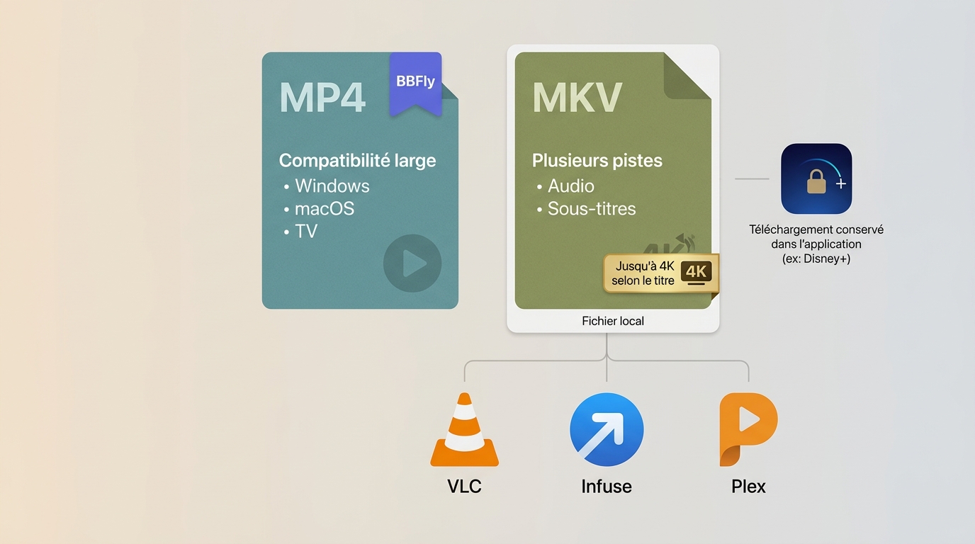 MP4 et MKV BBFly avec lecture locale dans VLC, Infuse et Plex.