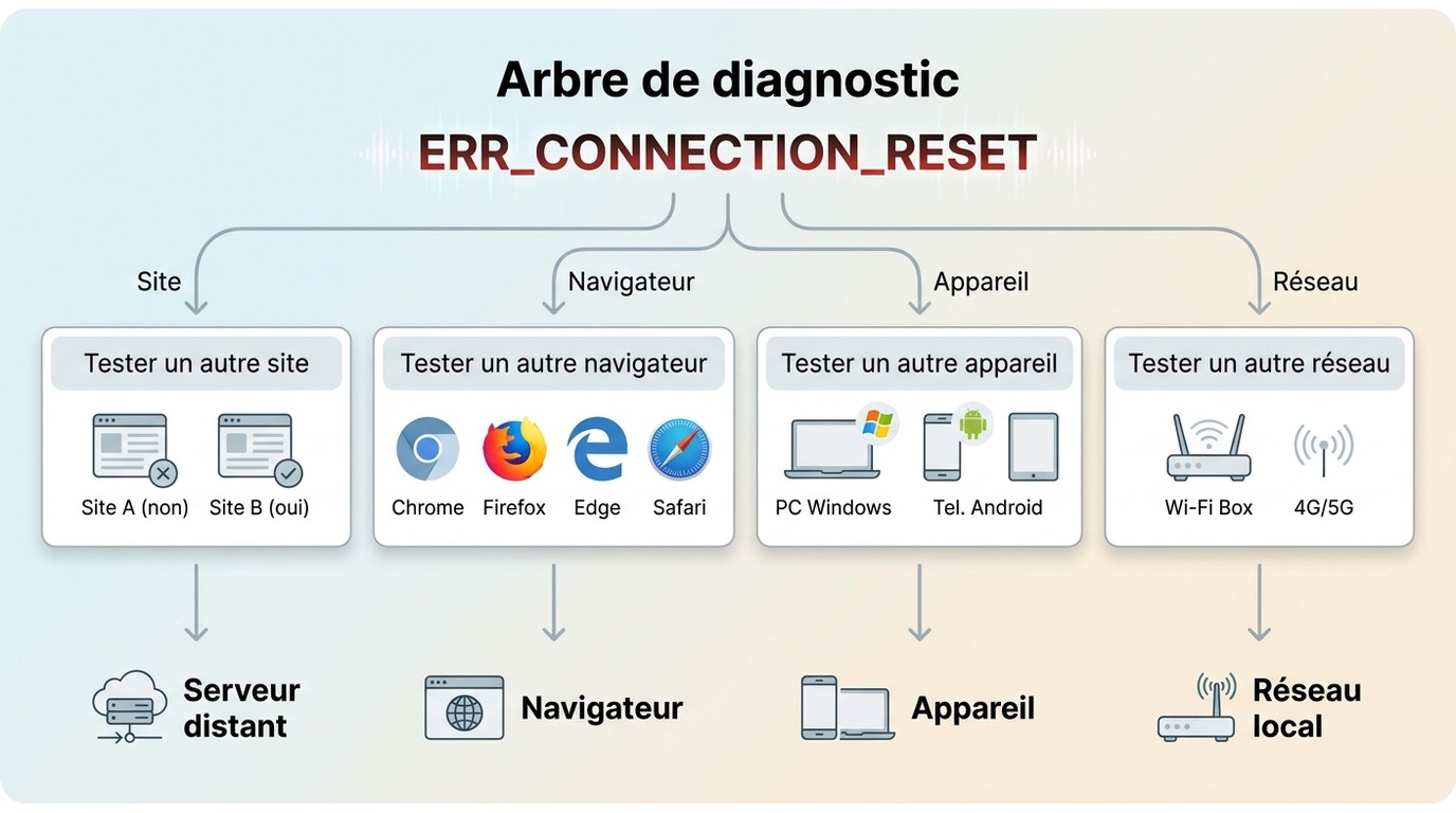 Arbre de diagnostic ERR_CONNECTION_RESET selon le site, le navigateur ou le réseau
