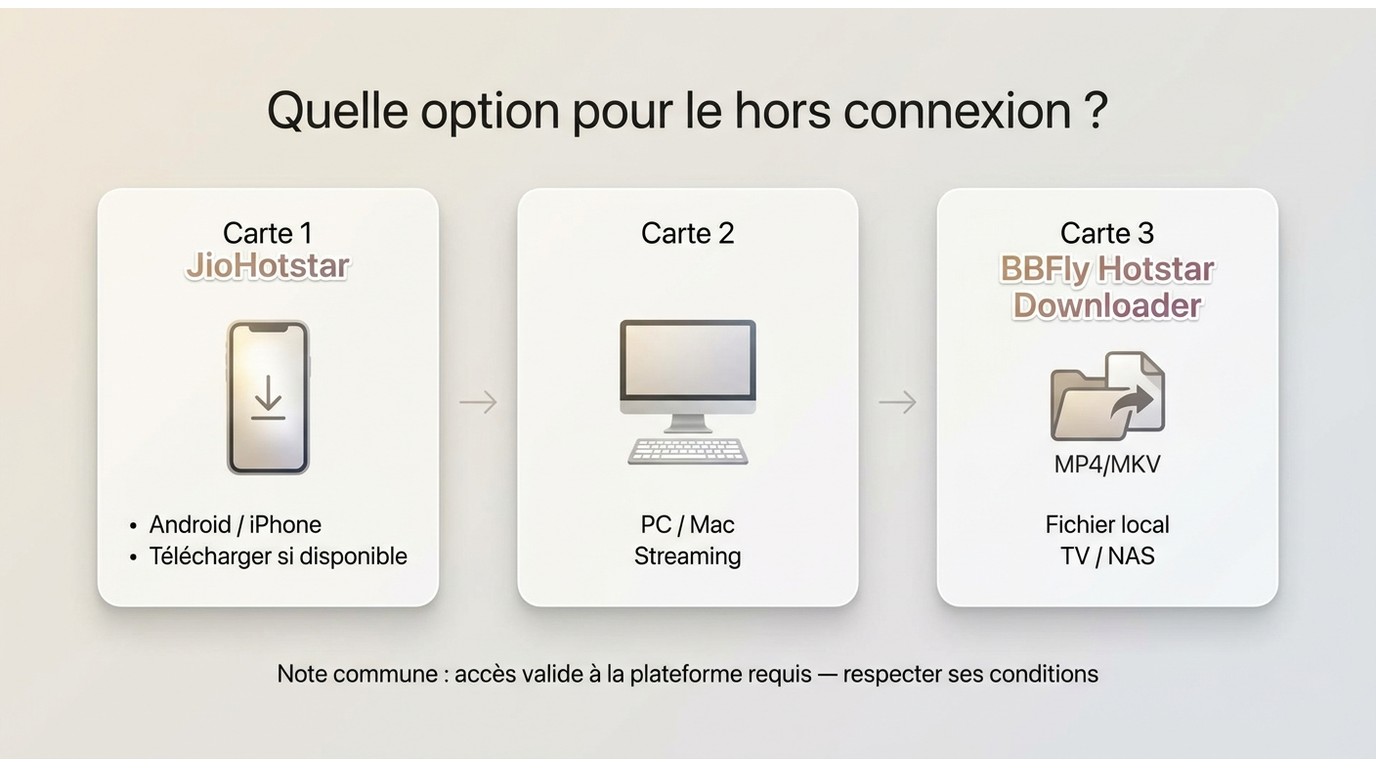 Choix hors connexion : application JioHotstar, navigateur ou BBFly selon le besoin