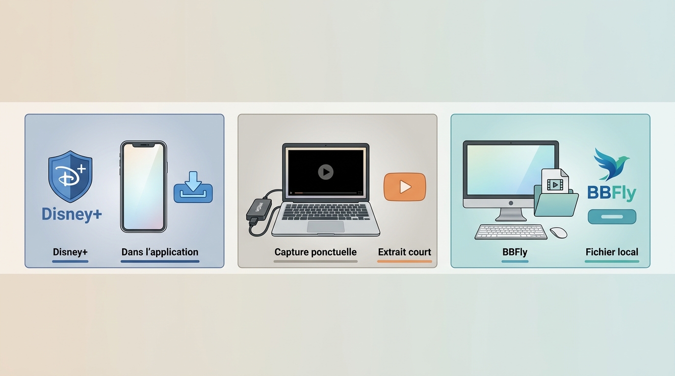 Comparaison Disney+ entre téléchargement officiel, capture ponctuelle et fichier local BBFly.