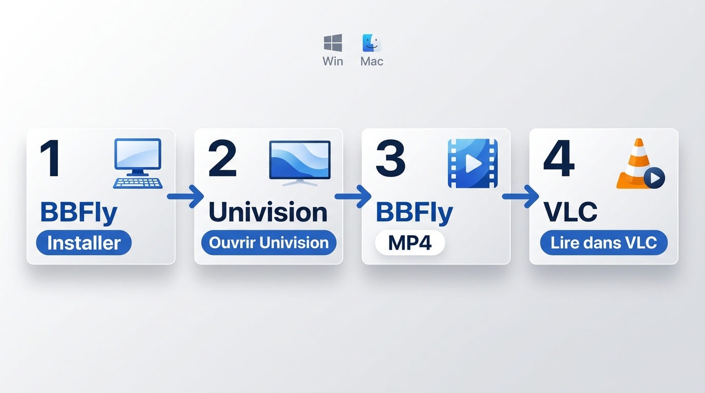 Étapes BBFly pour enregistrer une vidéo Univision en MP4 et vérifier sa lecture dans VLC.