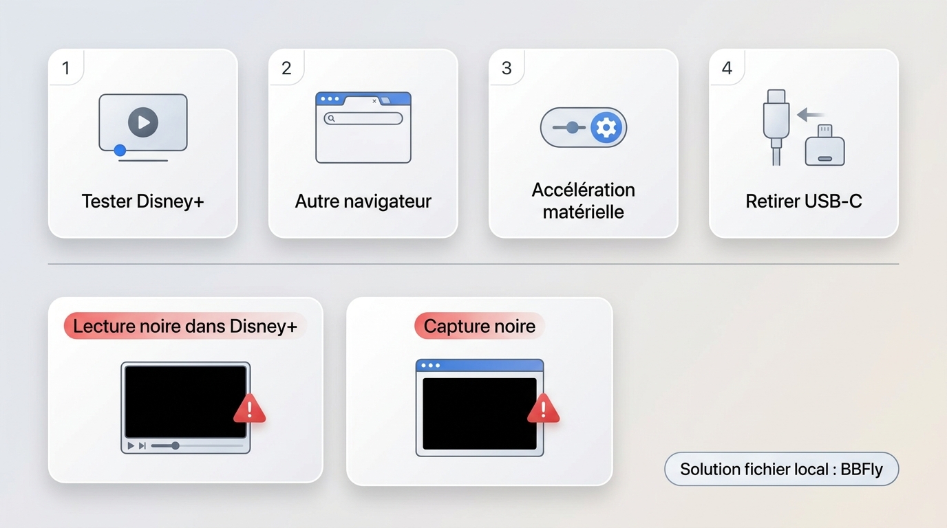 Diagnostic Disney+ pour distinguer lecture défaillante et capture à écran noir.