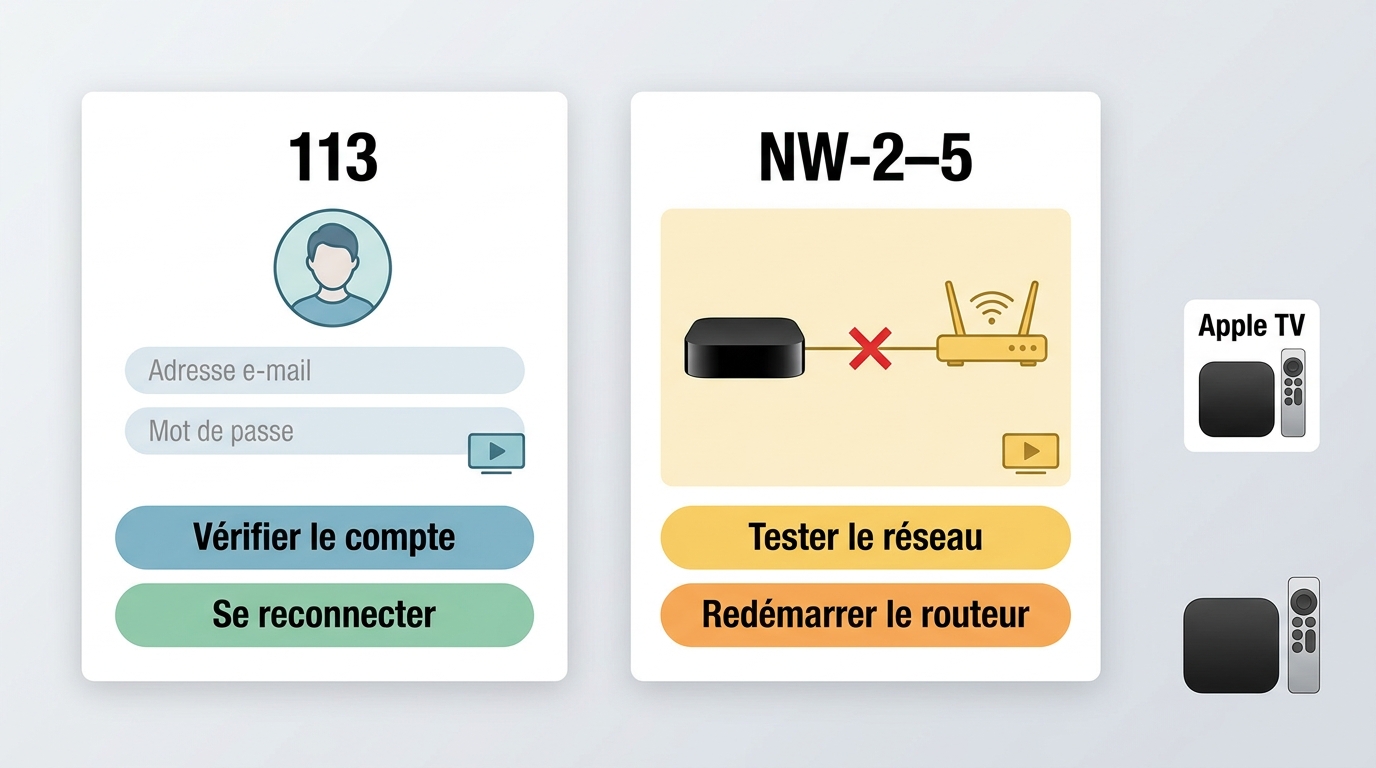 Erreur Netflix 113 liée au compte et erreur NW-2-5 liée au réseau sur Apple TV.