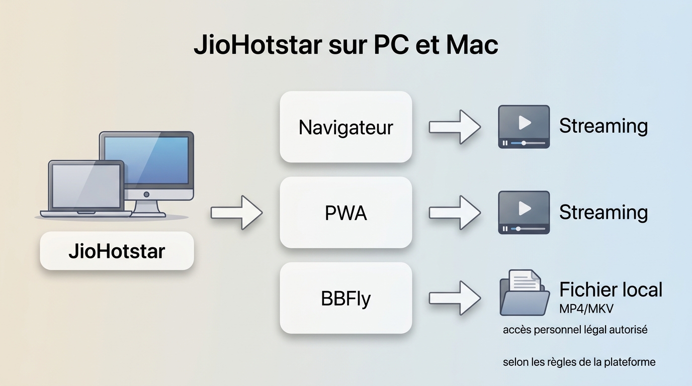 JioHotstar sur PC : streaming via navigateur ou PWA, fichier local via outil autorisé