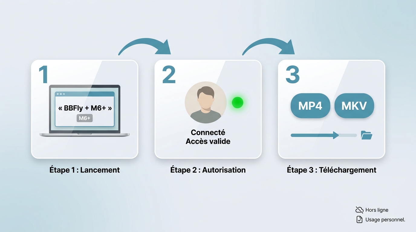 Étapes BBFly sur PC ou Mac pour enregistrer un programme M6+ accessible en MP4 ou MKV.