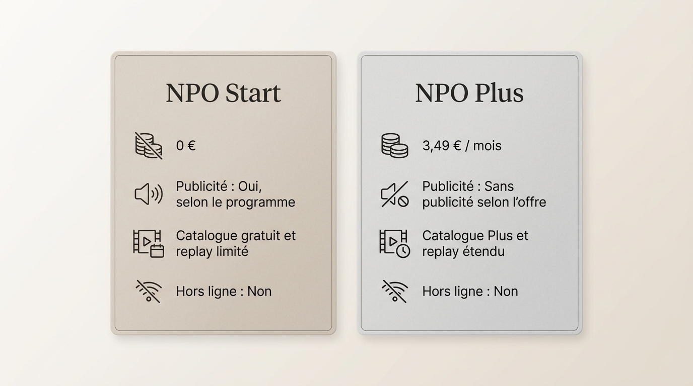 Comparaison NPO Start et NPO Plus sur le prix, la publicité et le mode hors ligne