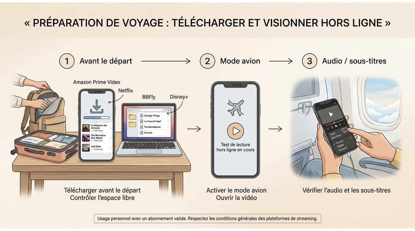 Checklist de voyage pour tester Prime Video, BBFly, Netflix et Disney+ sans connexion.