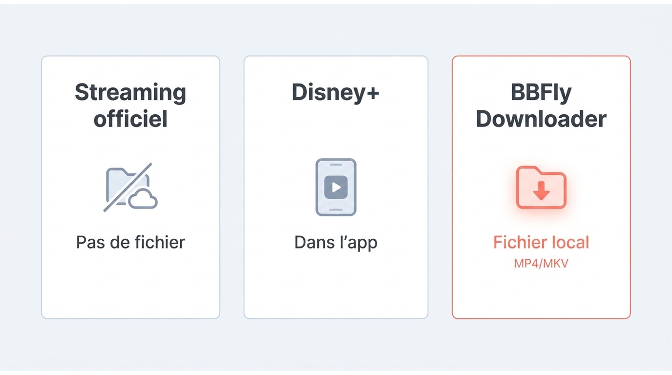 Comparaison du streaming officiel, de Disney+ et de BBFly pour le hors ligne.