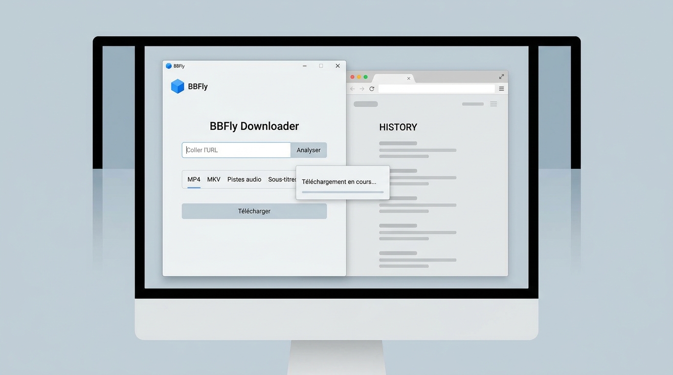 BBFly Downloader avec URL HISTORY, choix MP4 ou MKV et lancement du téléchargement.
